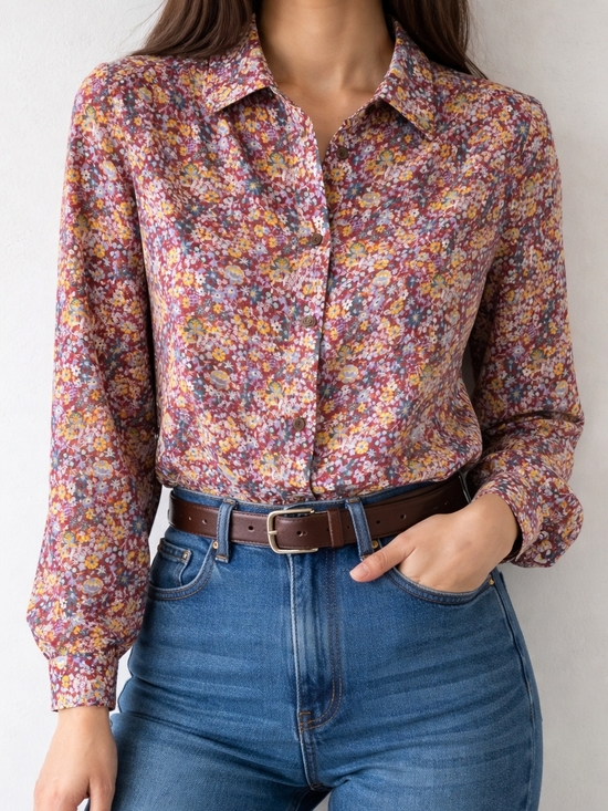 Tradition Country Collection Tops - Vintage Floral Button-Up Blouse Size 8 | Cottagecore Burgundy Multi-Color Shirt